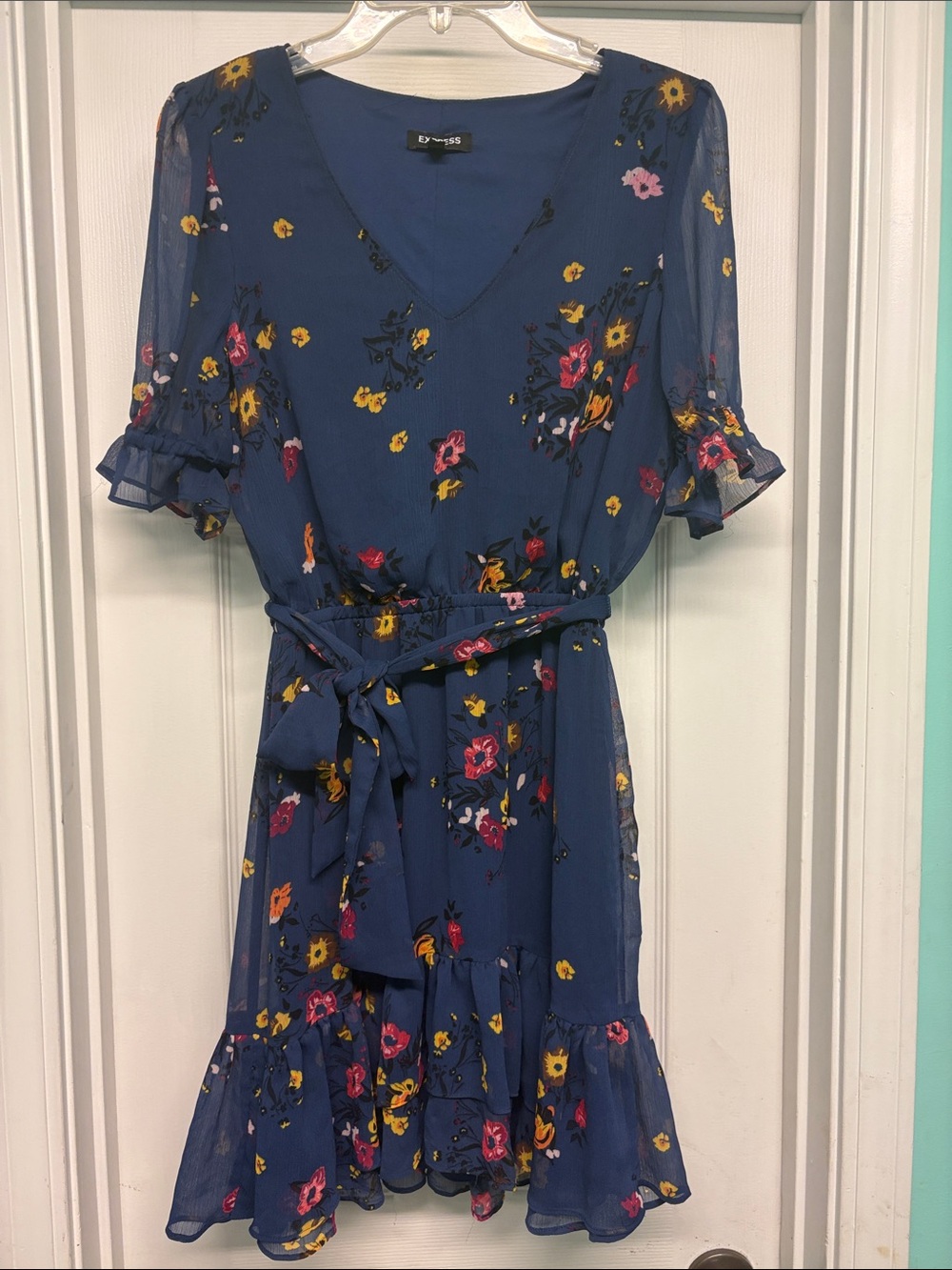Express Navy Blue Floral Tie-Waist Dress